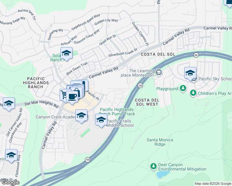 map of restaurants, bars, coffee shops, grocery stores, and more near 13032 Alora Point in San Diego