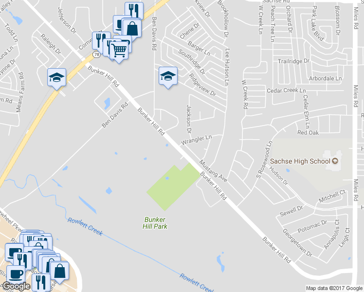 map of restaurants, bars, coffee shops, grocery stores, and more near 4214 Mustang Avenue in Sachse