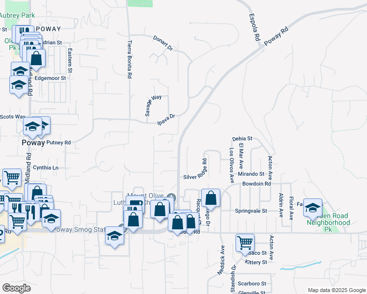 map of restaurants, bars, coffee shops, grocery stores, and more near 14430 Silver Heights Road in Poway