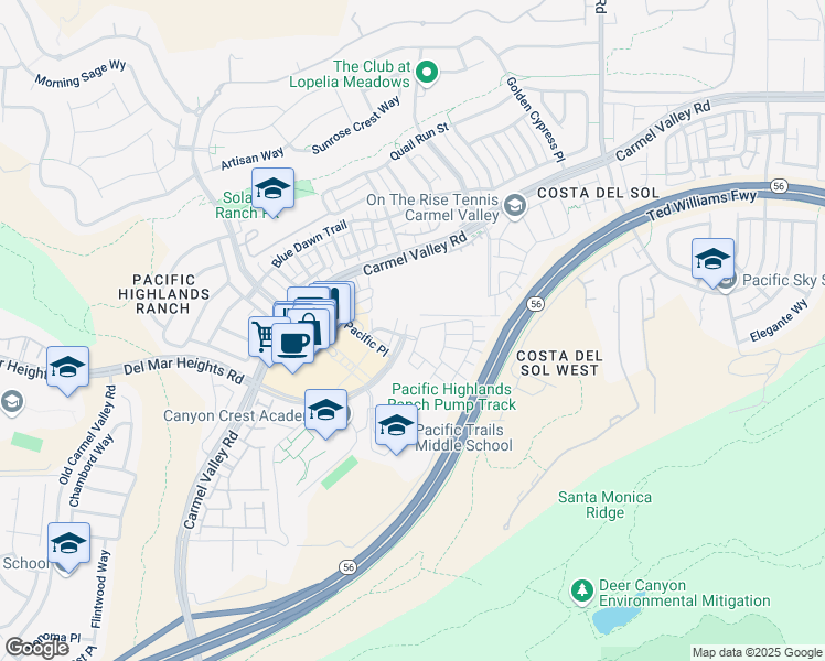 map of restaurants, bars, coffee shops, grocery stores, and more near 6136 Galante Place in San Diego