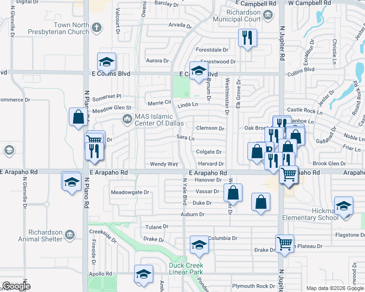 map of restaurants, bars, coffee shops, grocery stores, and more near 1202 North Yale Boulevard in Richardson