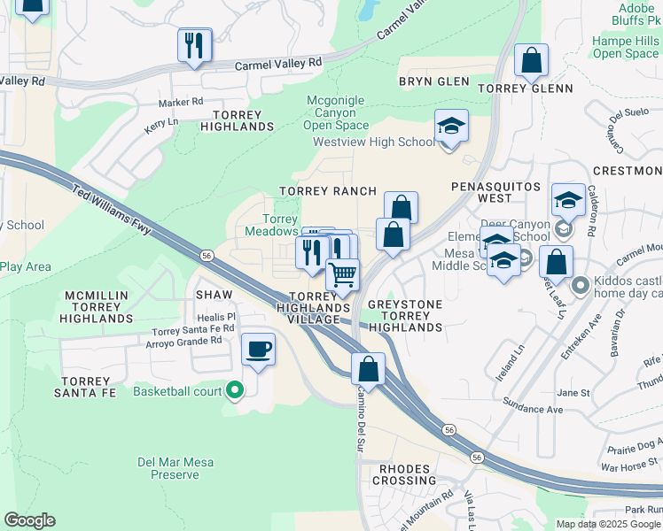 map of restaurants, bars, coffee shops, grocery stores, and more near 7855 Via Montebello in San Diego