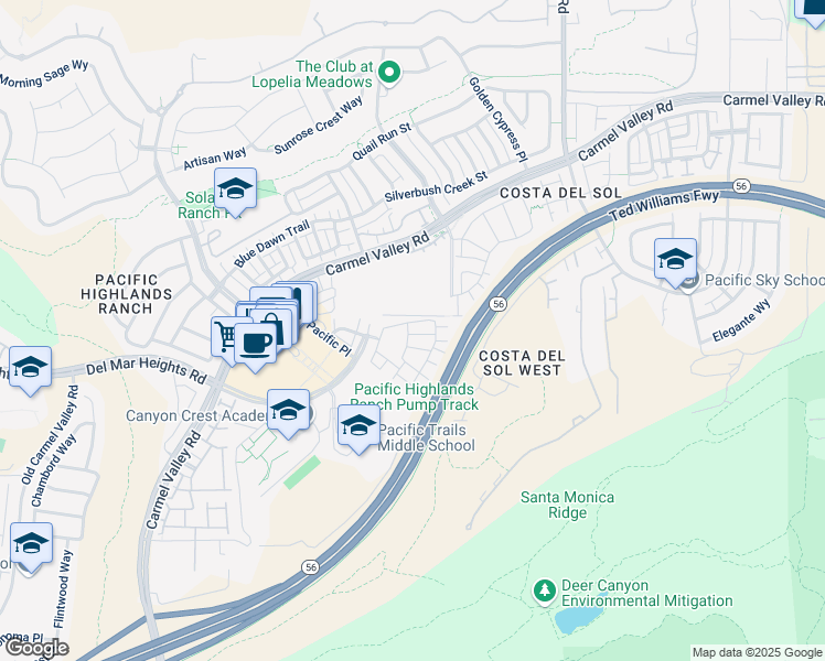 map of restaurants, bars, coffee shops, grocery stores, and more near 13032 Alora Point in San Diego