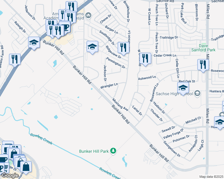 map of restaurants, bars, coffee shops, grocery stores, and more near 4128 Mane Drive in Sachse