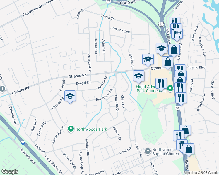 map of restaurants, bars, coffee shops, grocery stores, and more near 8685 Elsinore Court in North Charleston