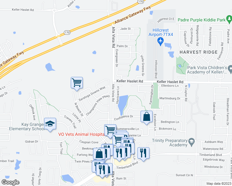 map of restaurants, bars, coffee shops, grocery stores, and more near 12905 Hurricane Lane in Fort Worth