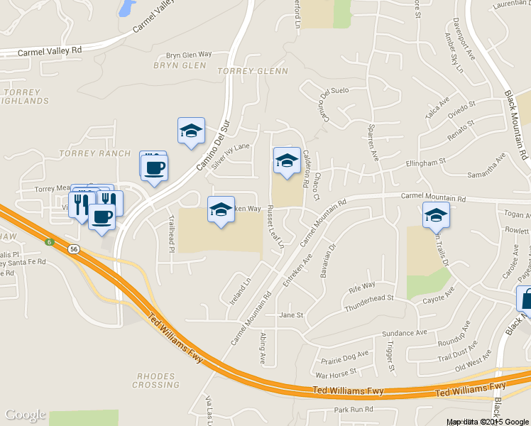 map of restaurants, bars, coffee shops, grocery stores, and more near 8393 Entreken Way in San Diego