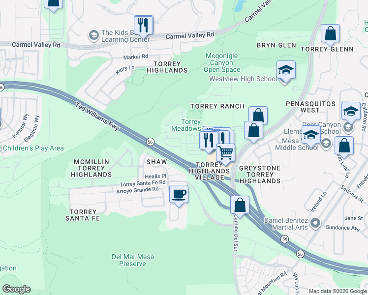map of restaurants, bars, coffee shops, grocery stores, and more near 13295 Calle Del Campo in San Diego