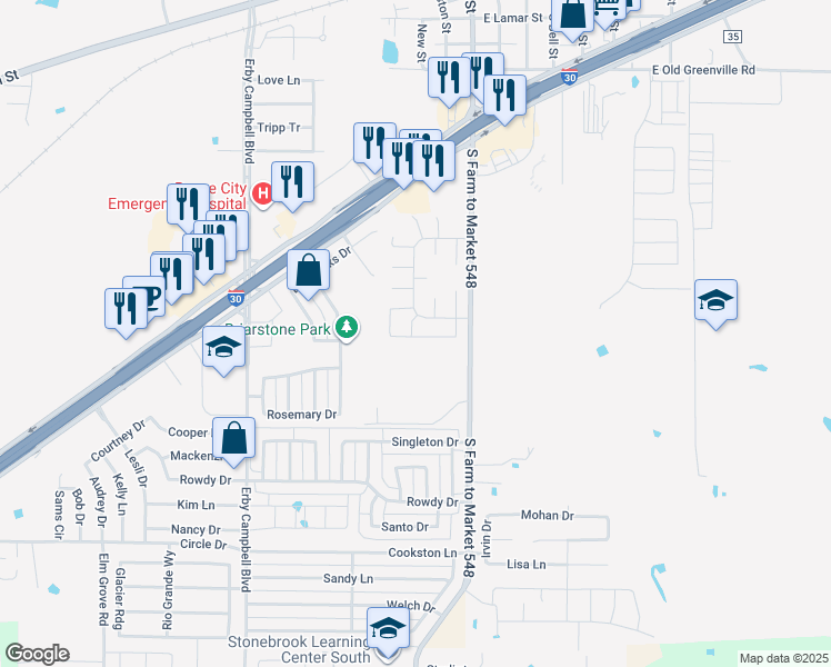 map of restaurants, bars, coffee shops, grocery stores, and more near 314 Texoma Court in Royse City