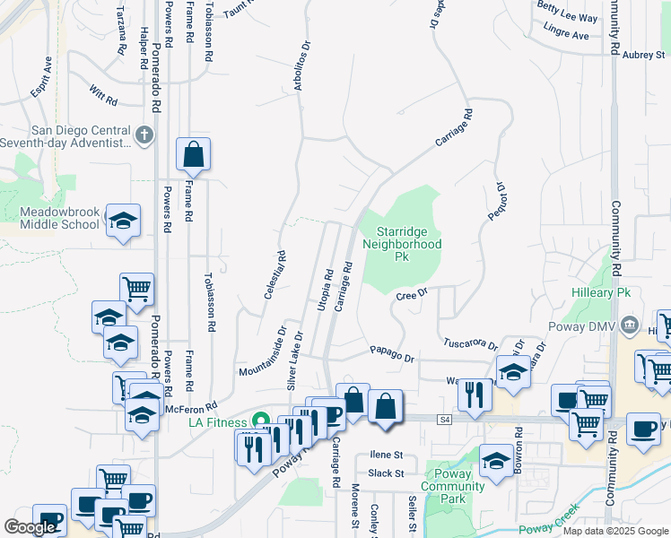 map of restaurants, bars, coffee shops, grocery stores, and more near 13623 Utopia Road in Poway