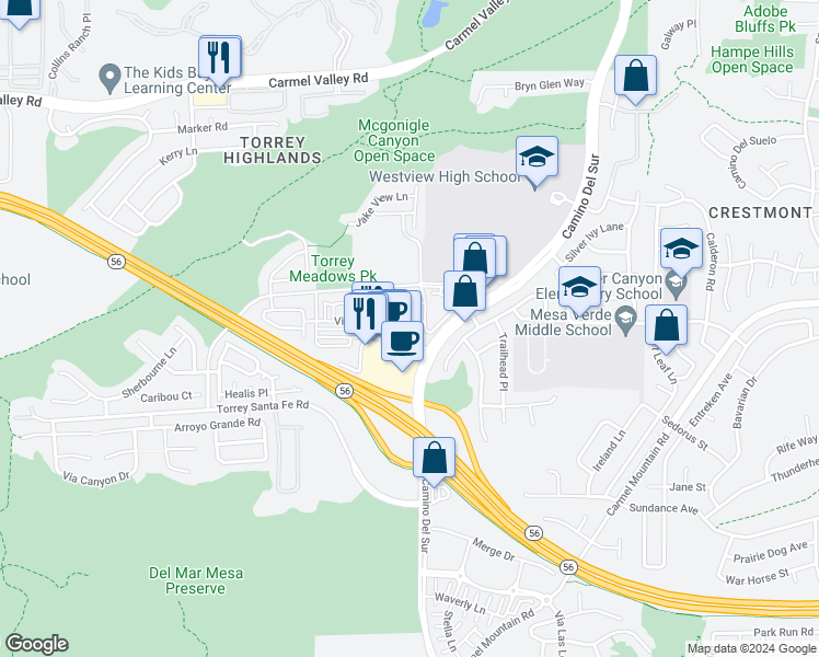 map of restaurants, bars, coffee shops, grocery stores, and more near 7885 Via Montebello in San Diego