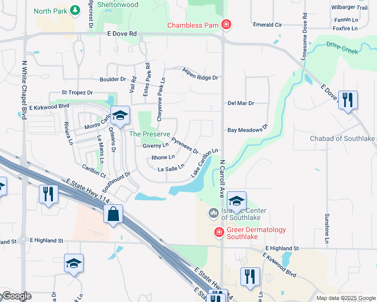 map of restaurants, bars, coffee shops, grocery stores, and more near 1036 La Salle Lane in Southlake