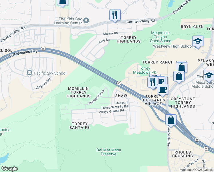 map of restaurants, bars, coffee shops, grocery stores, and more near 13305 Copperwind Lane in San Diego