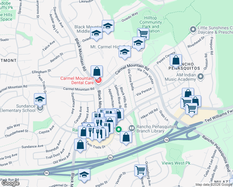 map of restaurants, bars, coffee shops, grocery stores, and more near 13472 Salmon River Road in San Diego