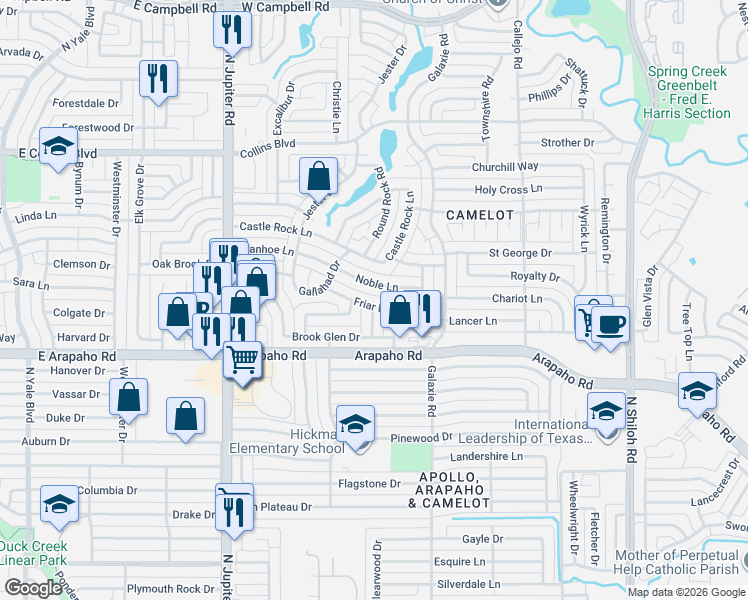map of restaurants, bars, coffee shops, grocery stores, and more near 3201 Friar Ln in Garland
