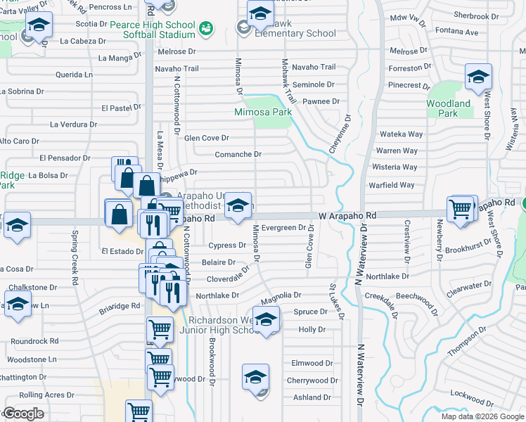 map of restaurants, bars, coffee shops, grocery stores, and more near 1235 Cherokee Drive in Richardson