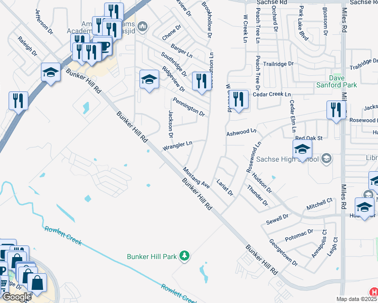 map of restaurants, bars, coffee shops, grocery stores, and more near 4128 Mane Drive in Sachse