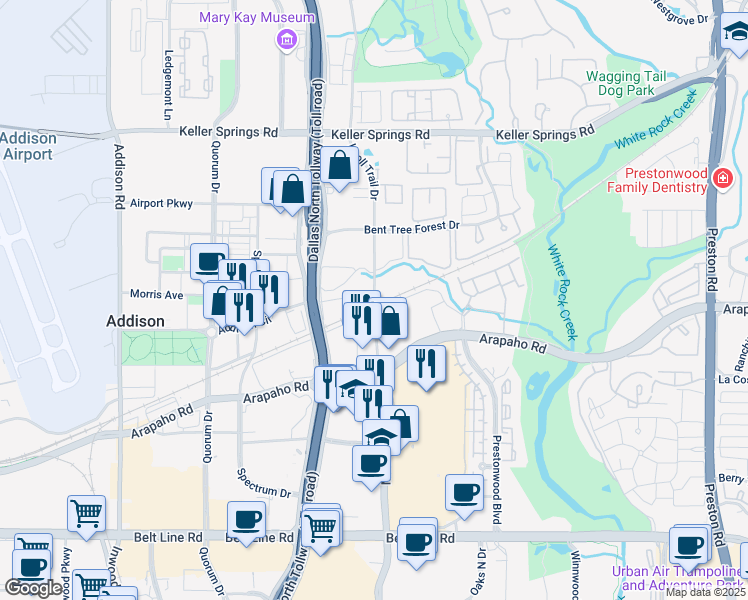 map of restaurants, bars, coffee shops, grocery stores, and more near 15411 Knoll Trail Drive in Dallas