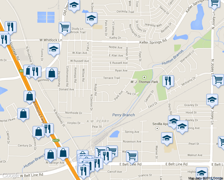 map of restaurants, bars, coffee shops, grocery stores, and more near 1729 Park Heights Circle in Carrollton