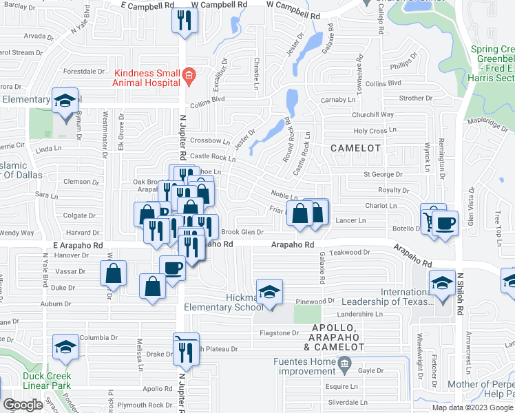 map of restaurants, bars, coffee shops, grocery stores, and more near 3226 Friar Lane in Garland
