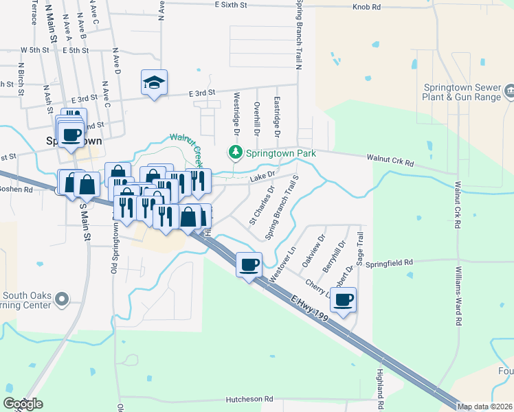 map of restaurants, bars, coffee shops, grocery stores, and more near 224 Saint Charles Drive in Springtown