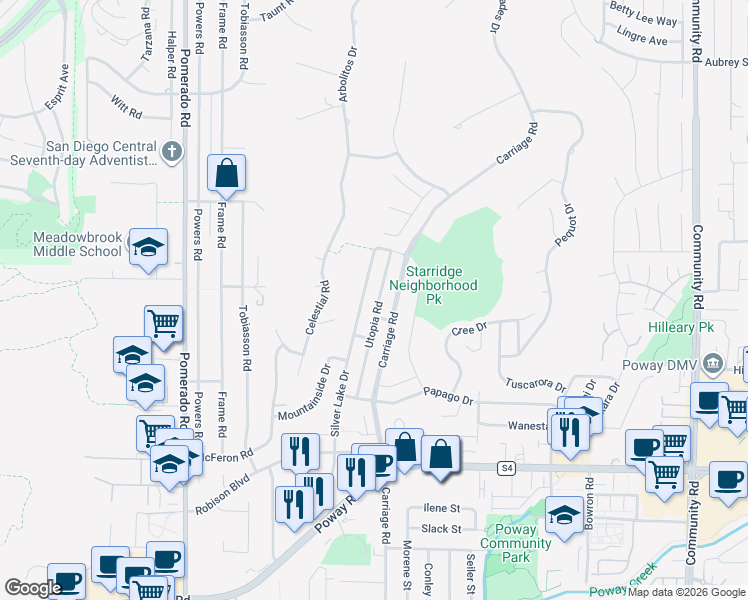 map of restaurants, bars, coffee shops, grocery stores, and more near 13623 Utopia Road in Poway