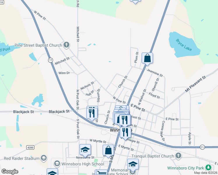 map of restaurants, bars, coffee shops, grocery stores, and more near 602 Strawberry Street in Winnsboro