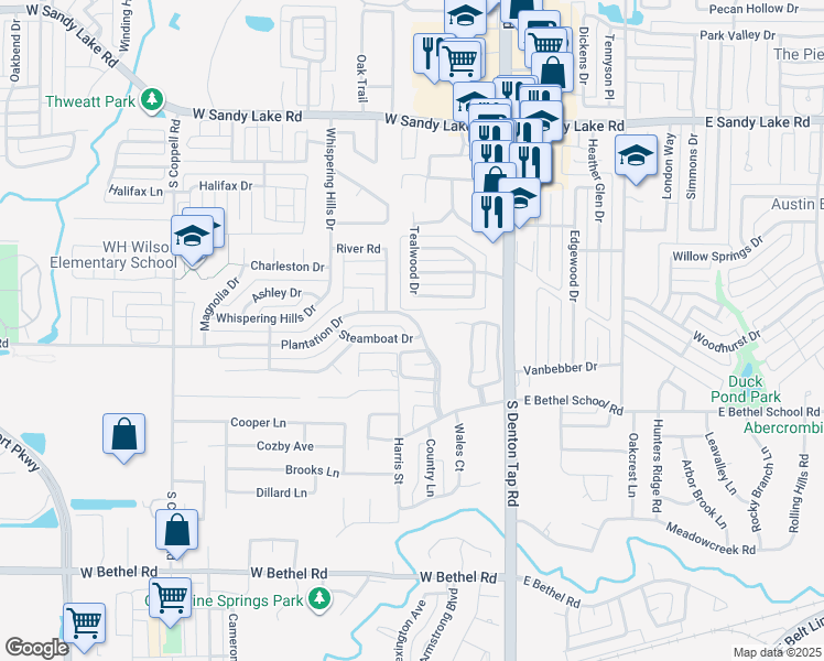 map of restaurants, bars, coffee shops, grocery stores, and more near 201 Plantation Drive in Coppell