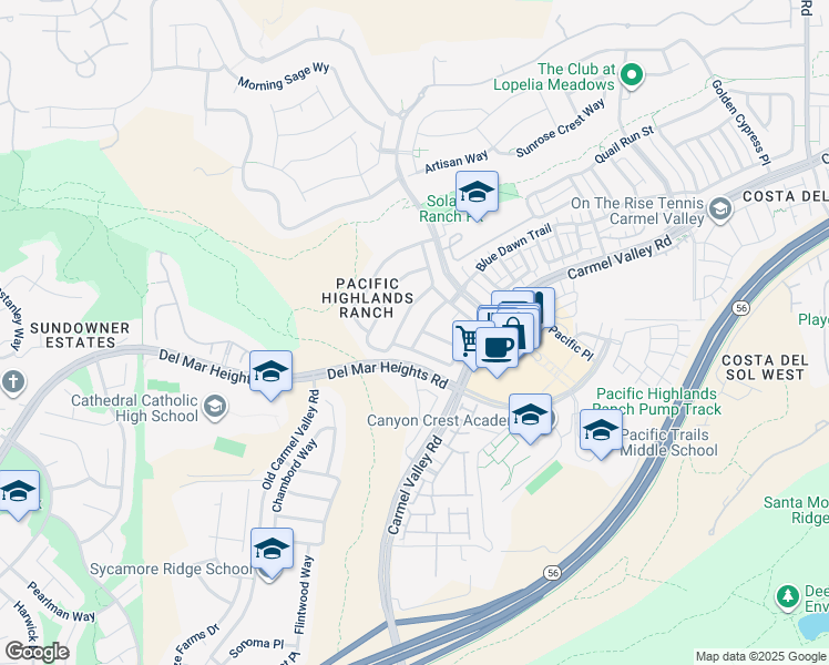 map of restaurants, bars, coffee shops, grocery stores, and more near 13470 Moonflower Meadows Trail in San Diego