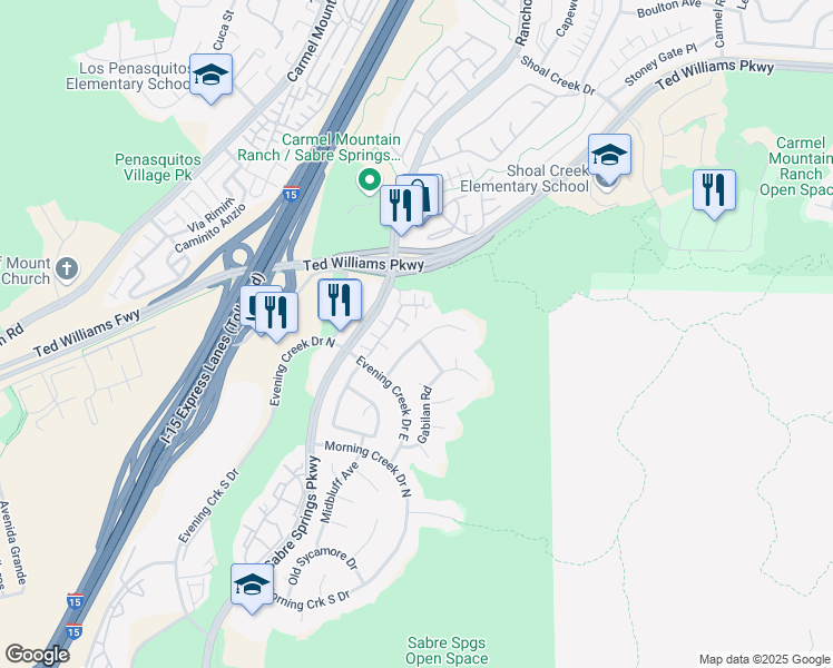 map of restaurants, bars, coffee shops, grocery stores, and more near 13376 Granite Creek Road in San Diego
