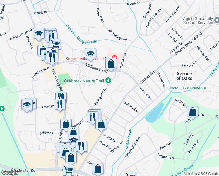 map of restaurants, bars, coffee shops, grocery stores, and more near 4370 Ladson Road in Ladson