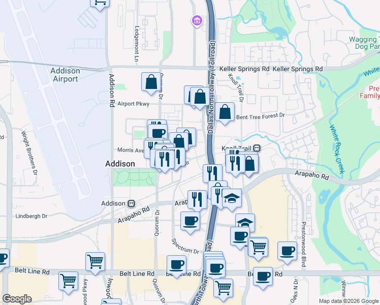 map of restaurants, bars, coffee shops, grocery stores, and more near 5055 Addison Circle in Addison