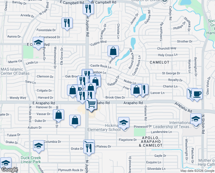 map of restaurants, bars, coffee shops, grocery stores, and more near 5128 Gallahad Drive in Garland