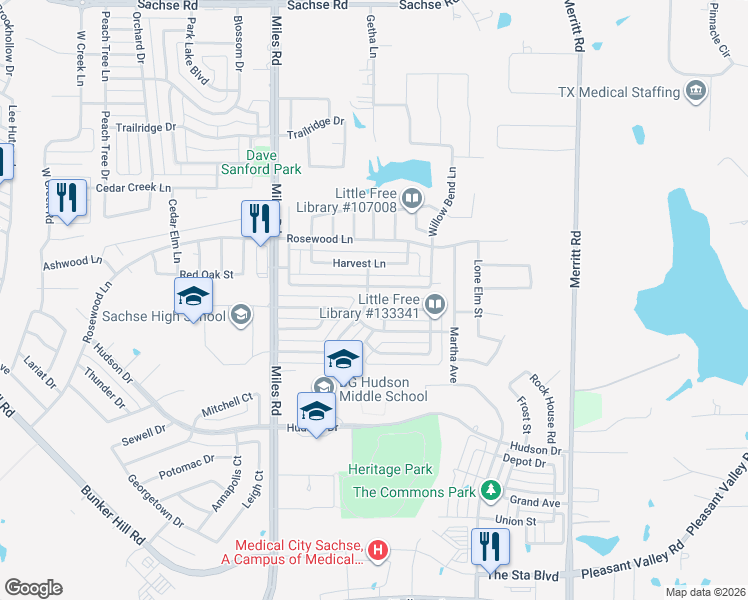map of restaurants, bars, coffee shops, grocery stores, and more near 4620 Haverhill Lane in Sachse