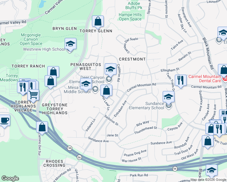 map of restaurants, bars, coffee shops, grocery stores, and more near 13395 Darview Lane in San Diego