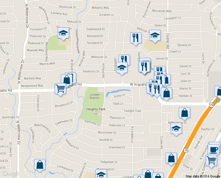 map of restaurants, bars, coffee shops, grocery stores, and more near 617 West Arapaho Road in Richardson