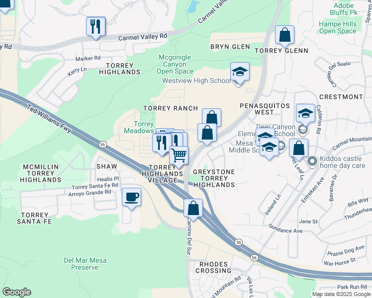 map of restaurants, bars, coffee shops, grocery stores, and more near 7895 Via Montebello in San Diego