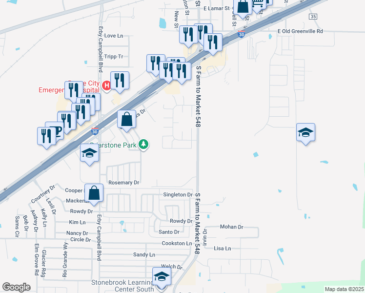 map of restaurants, bars, coffee shops, grocery stores, and more near 204 Texoma Court in Royse City