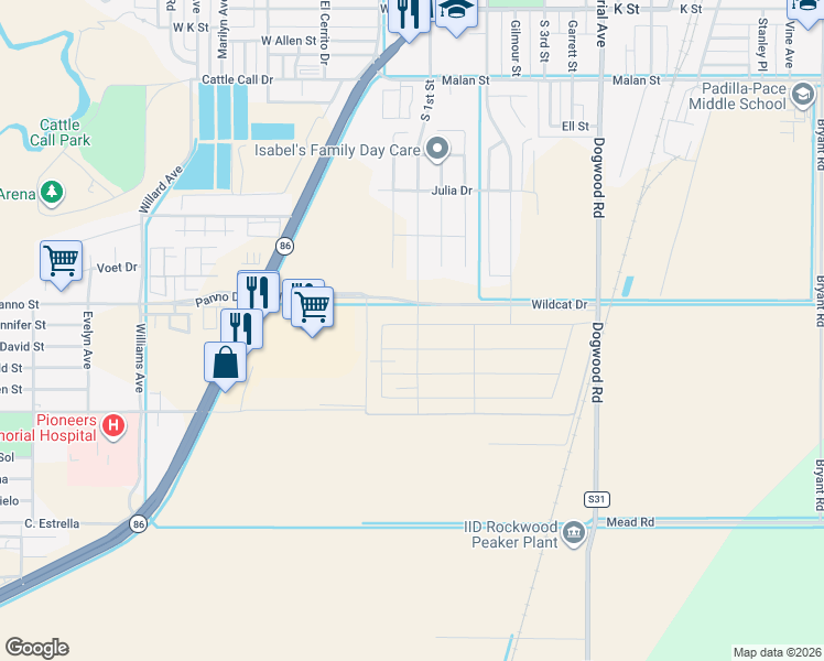 map of restaurants, bars, coffee shops, grocery stores, and more near South First Street in Brawley