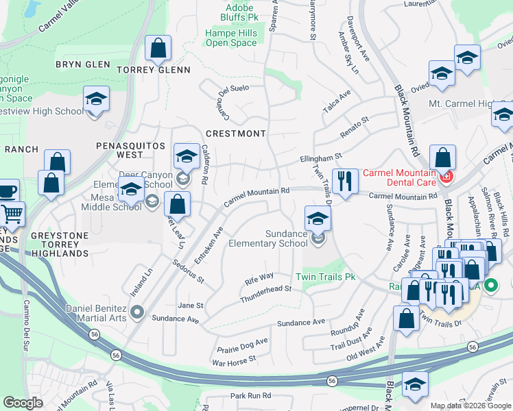 map of restaurants, bars, coffee shops, grocery stores, and more near 13485 Entreken Avenue in San Diego
