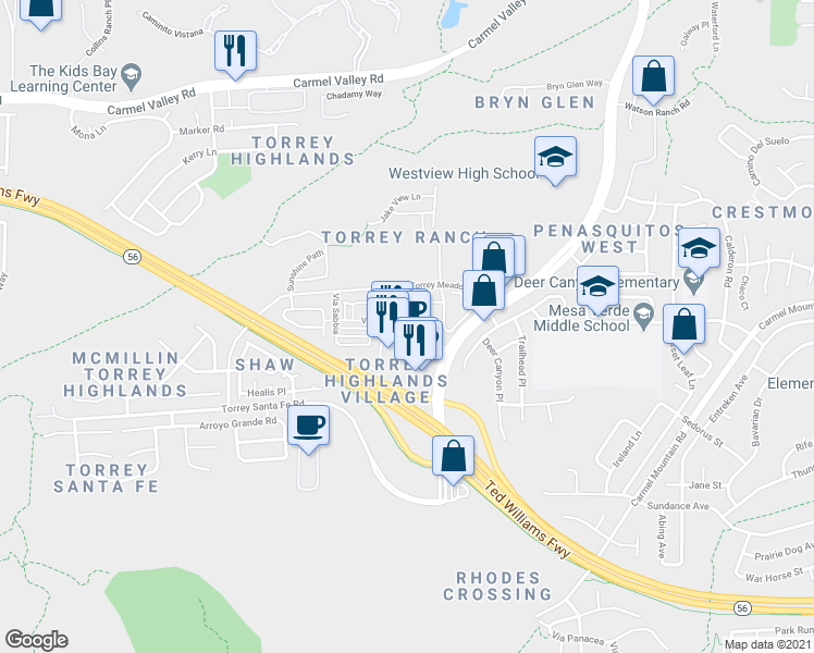 map of restaurants, bars, coffee shops, grocery stores, and more near 2 Via Bellarado in San Diego