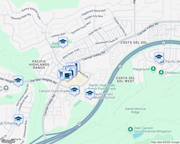 map of restaurants, bars, coffee shops, grocery stores, and more near 6136 Galante Place in San Diego