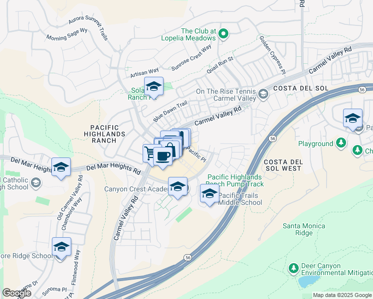 map of restaurants, bars, coffee shops, grocery stores, and more near 10985 Pacific Place in San Diego