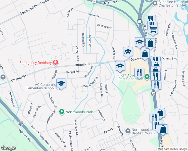 map of restaurants, bars, coffee shops, grocery stores, and more near 8685 Elsinore Court in North Charleston