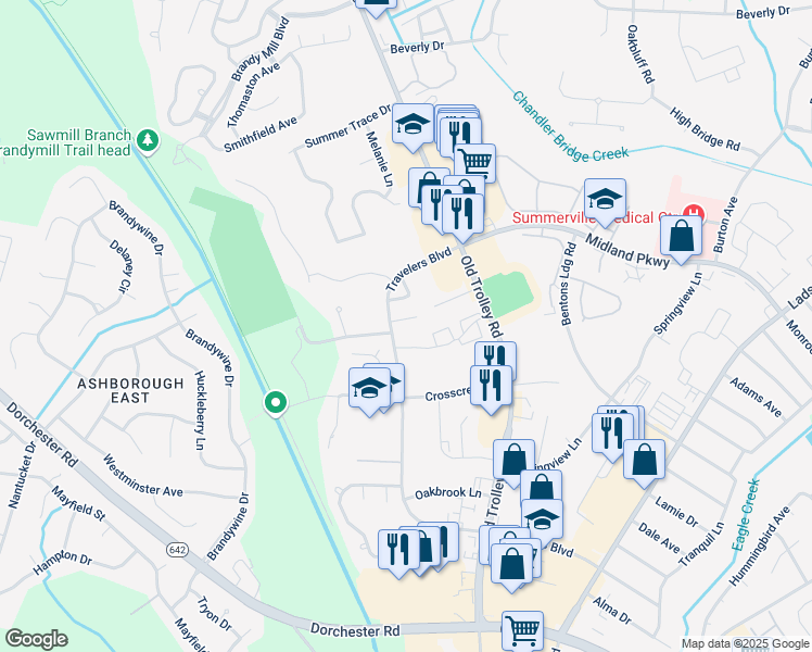 map of restaurants, bars, coffee shops, grocery stores, and more near 103 Muir Court in Summerville