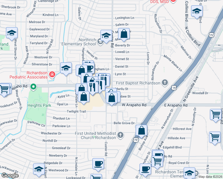 map of restaurants, bars, coffee shops, grocery stores, and more near 518 West Arapaho Road in Richardson