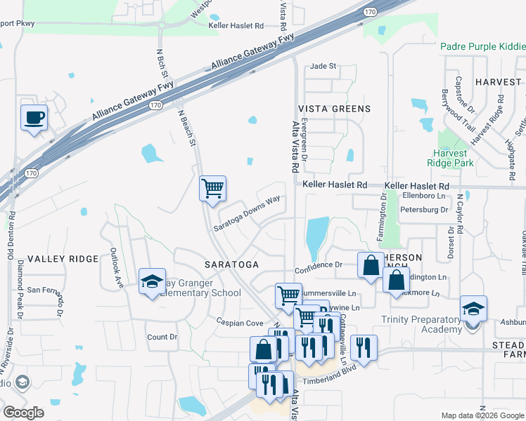 map of restaurants, bars, coffee shops, grocery stores, and more near 12821 Parade Grounds Lane in Fort Worth