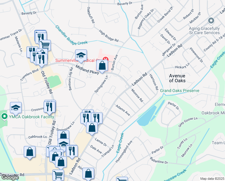 map of restaurants, bars, coffee shops, grocery stores, and more near 4370 Ladson Road in Ladson
