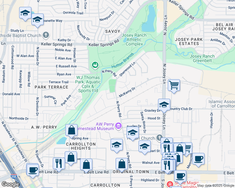 map of restaurants, bars, coffee shops, grocery stores, and more near 1803 Angleridge Cove in Carrollton