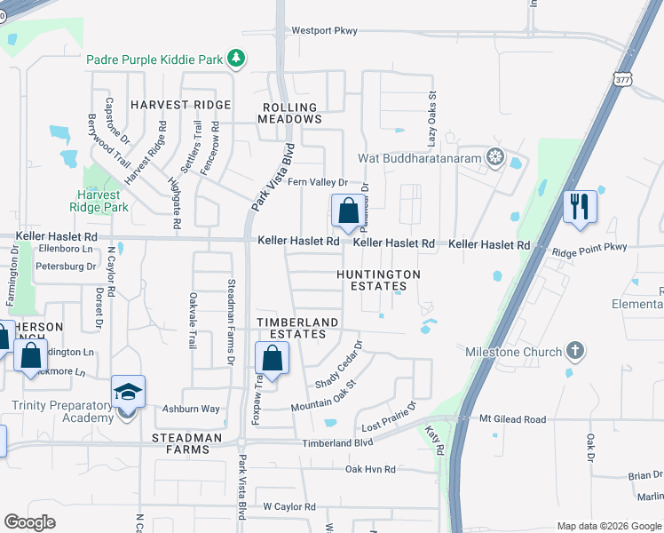 map of restaurants, bars, coffee shops, grocery stores, and more near 4557 Willow Rock Lane in Fort Worth